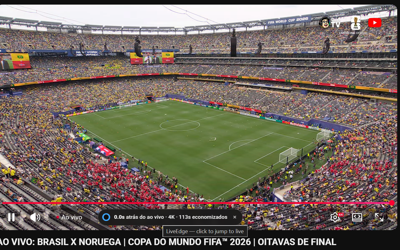 Live da Copa do Mundo no YouTube com o LiveEdge marcando 0.0s de drift no player em 4K