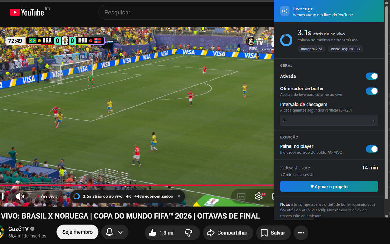 Popup do LiveEdge mostrando 3.1s de atraso e 14 minutos devolvidos
